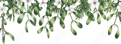 White Flowers With Christmas Elegant Border Mistletoe Watercolor