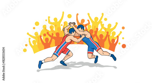 Dynamic wrestling match with vibrant crowd background in flat style