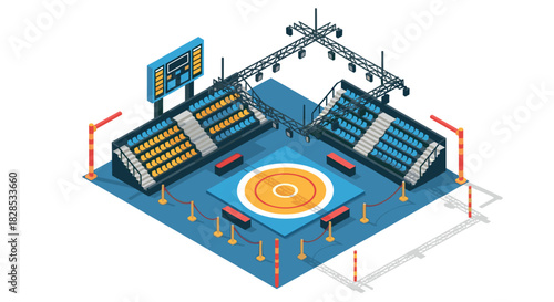 Isometric wrestling arena with seating and lighting setup