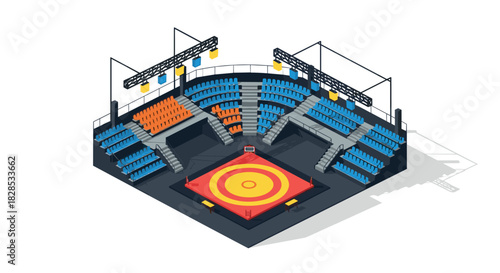 Isometric wrestling arena with colorful seats and lighting