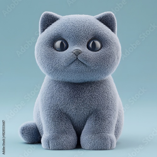 a fuzzy gray kitten sits against a solid light blue background. the animal has a rounded head and large, shiny dark eyes