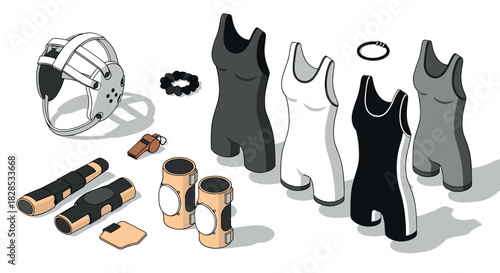Modern isometric sportswear and accessories set for fitness enthusiasts