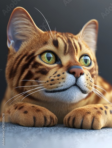 a close up portrait features a spotted feline resting on a surface