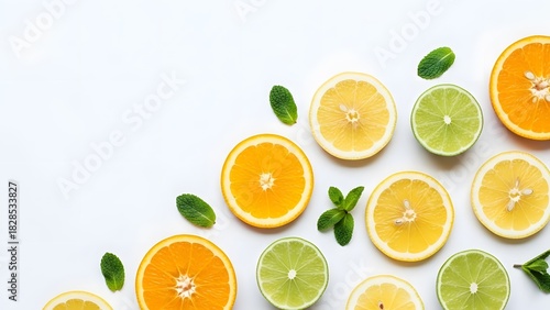 Wallpaper Mural Overhead view of various citrus fruit slices and green leaves arranged on white background. Torontodigital.ca