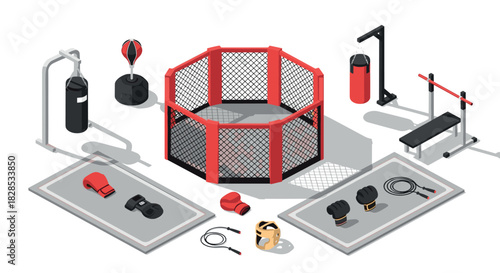 Isometric mma gym equipment set with boxing ring and gear on white background