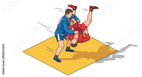 Sambo wrestling action scene with two competitors in dynamic sports move