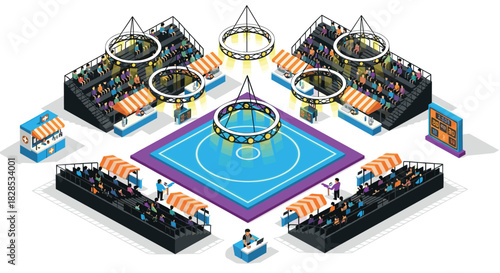 Colorful isometric basketball game arena with audience and bright lights
