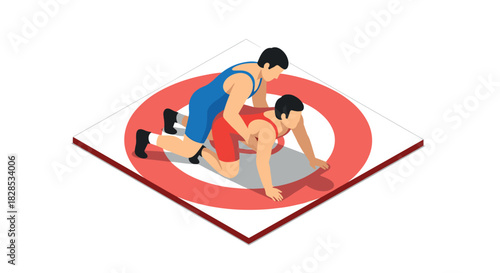 Isometric wrestling match on red circle mat: dynamic sports scene in flat style