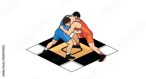 Dynamic wrestling match on checkered mat in bold colors