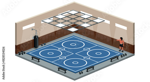 Modern isometric gym interior with basketball court and fitness equipment