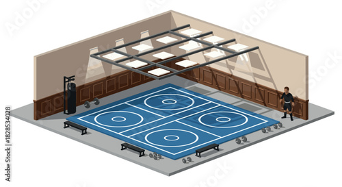 Modern indoor gym with basketball court and workout equipment in isometric style