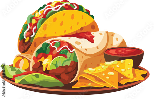 Colorful Mexican fast food combo featuring beef taco, burrito wrap, tortilla chips, and salsa sauce, flat vector cartoon style.