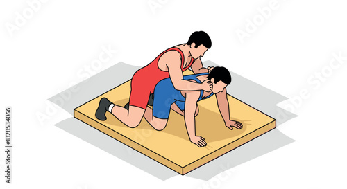 Wrestling match scene with athletes in red and blue uniforms on wrestling mat