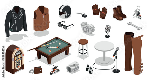 Isometric vintage biker and leisure icons set with pool table and jukebox