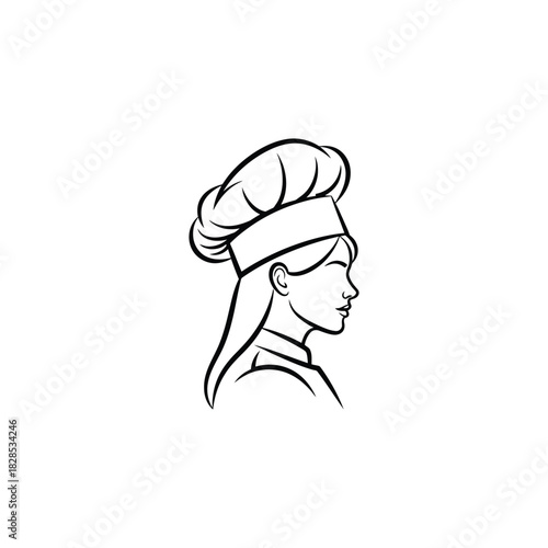 Chef Woman Line Art Illustration cook baker hat uniform profile restaurant kitchen food culinary professional female outline drawing
