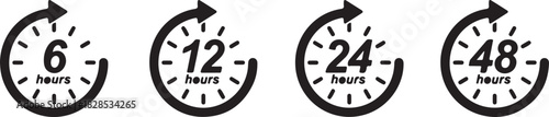Illustration of 6, 12, 24, and 48 hour turnaround time icons isolated on, representing different timeframes for completion
