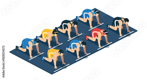 Isometric track athletes lined up for race on starting block platform