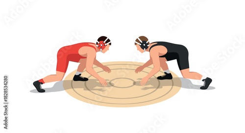 Two wrestlers in a standoff pose on a wrestling mat in flat design