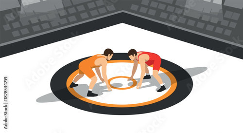 Isometric wrestling match in arena: athletes face off in dynamic competition scene