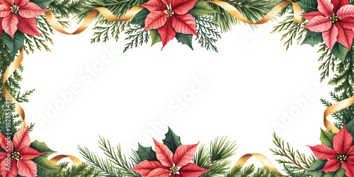 Evergreen Poinsettias Featuring Watercolor Frame Festive Gold Ribbon