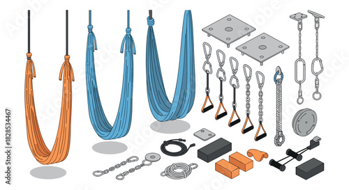 Isometric aerial yoga equipment in blue and orange for exercise and fitness enthusiasts