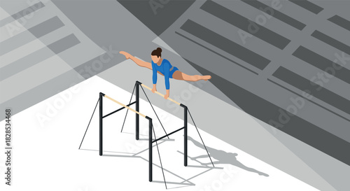 Artistic gymnast on parallel bars performing routine in modern isometric style