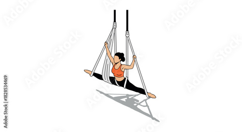 Aerial yoga pose with silk ropes in modern flat design
