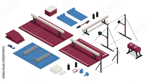 Isometric gymnastics equipment set with vault, balance beam, and pommel horse