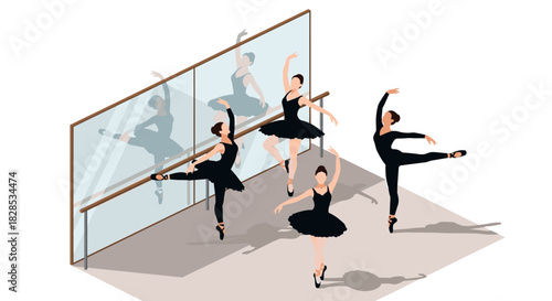 Isometric ballet practice with dancers in black leotards at a studio mirror