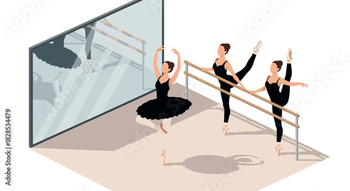 Graceful ballet practice in isometric style with dancers at barre and mirror reflection