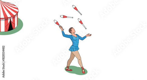 Circus performer juggling pins in costume near circus tent