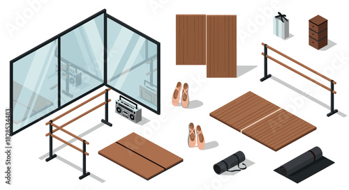 Isometric dance studio elements with ballet barres and mirrors