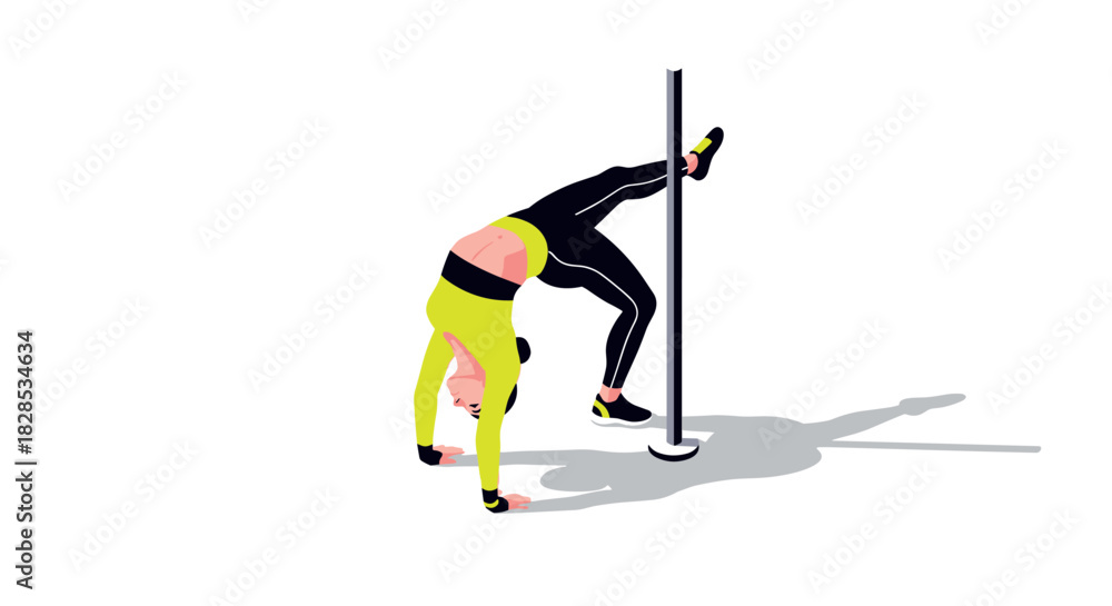 Obraz premium Dynamic pole dancing pose: athletic woman in vibrant fitness outfit performing acrobatics