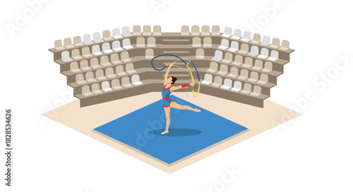 Isometric gymnast performing rhythmic routine in empty arena setting