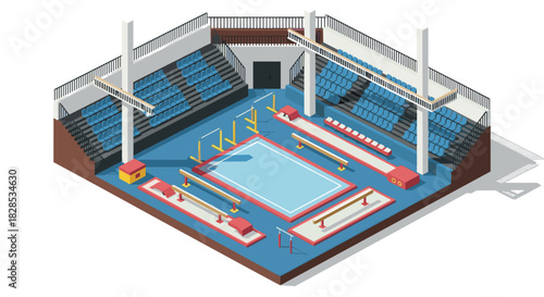 Isometric gymnastics arena with equipment and seating in detailed 3d design