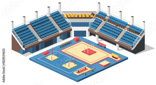 Isometric indoor gymnastics arena with equipment and spectator stands