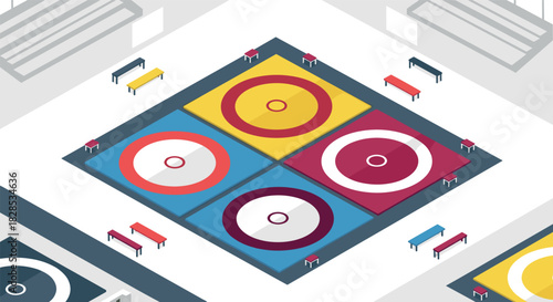 Modern isometric abstract design with colorful geometric patterns and shapes