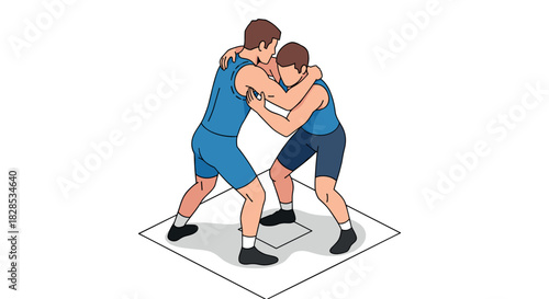 Wrestling match: two athletes in uniform engage in sport