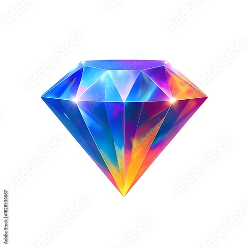 Vibrant multicolor crystal diamond with glowing reflections on white background, showcasing vibrant rainbow hues and sharp faceted surfaces, high detail faceted diamond, holographic diamond style