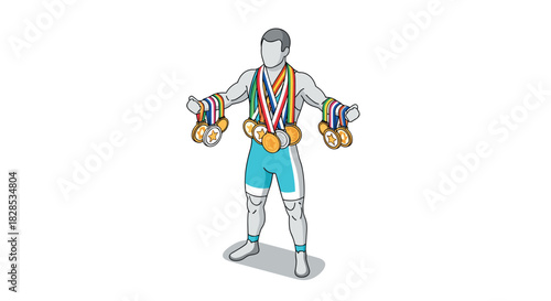 Champion athlete with numerous medals in dynamic pose