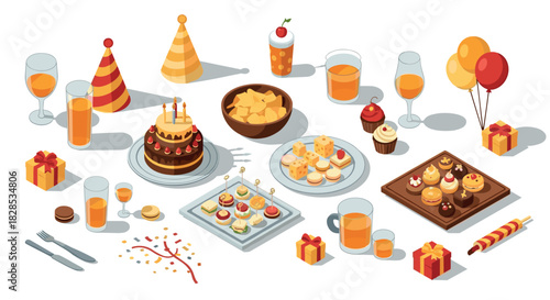 Isometric party elements with decorations, snacks, and drinks