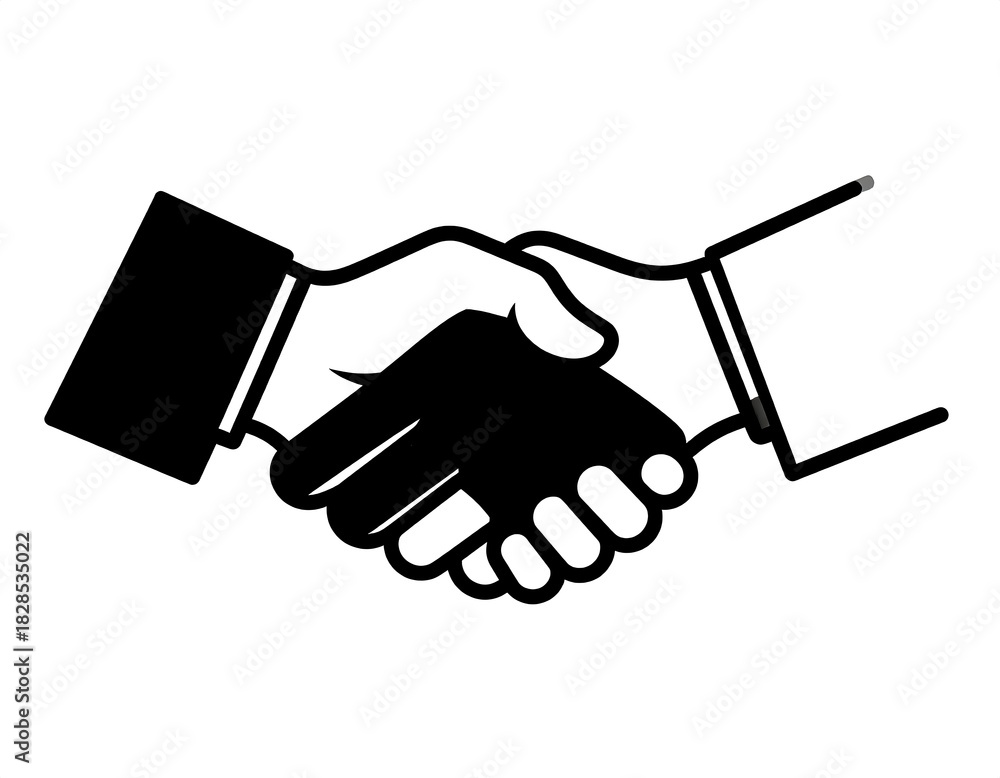 Fototapeta premium A black and white illustration depicts two hands clasped in a handshake, with one arm wearing a dark suit