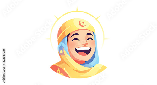 Joyful Muslim woman with a radiant smile and a halo