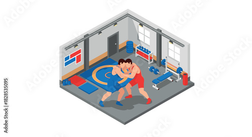 Isometric wrestling training room with fighters in action