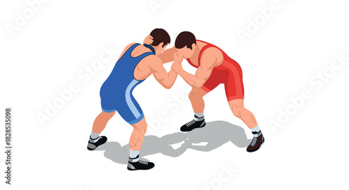 Isometric wrestling match with two athletes in action poses
