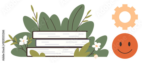 Stack of books surrounded by leaves and flowers, orange gear, and smiling face. Ideal for education, growth, positivity, creativity, mechanics, harmony and learning representation in simple flat