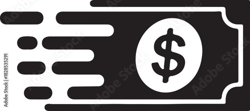 Fast money transfer icon depicting a dollar bill with speed lines, symbolizing quick financial transactions and efficient payment processing