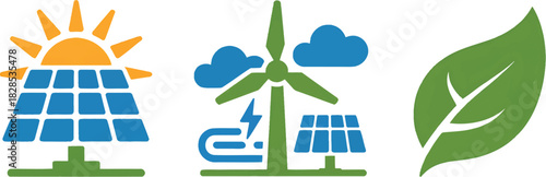 Solar Energy Flat Renewable Turbine Panel Transparent Leaf Icons Wind
