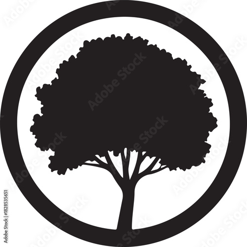 Black silhouette vector icon of a mature tree with dense foliage inside a circular frame on a plain background.