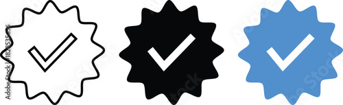 Verification checkmark icon set. White tick symbol and blue starburst badge. Modern approval, confirm and success elements for UI, apps and graphic design
